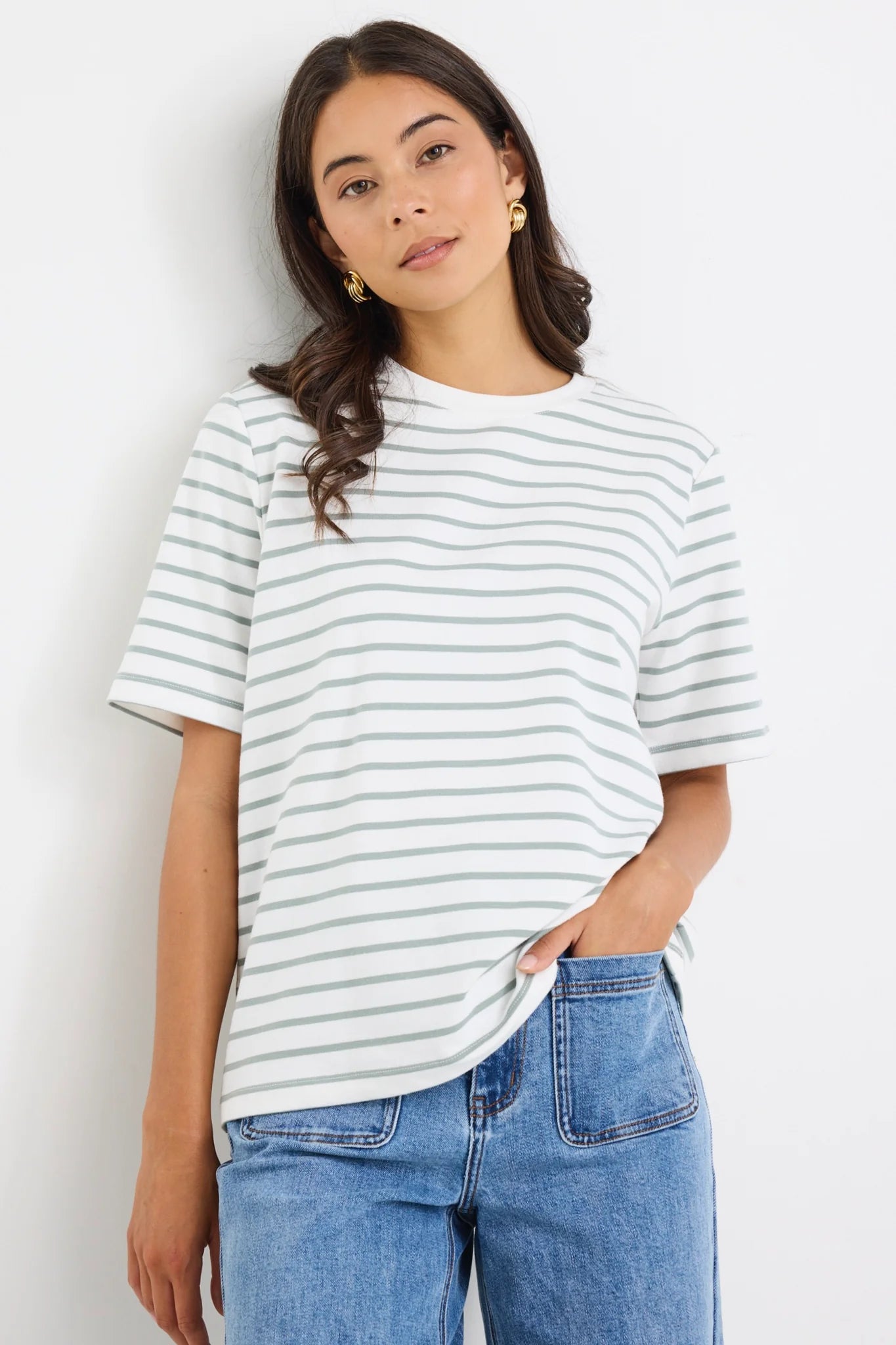 Binding Tee - White/Khaki Stripe