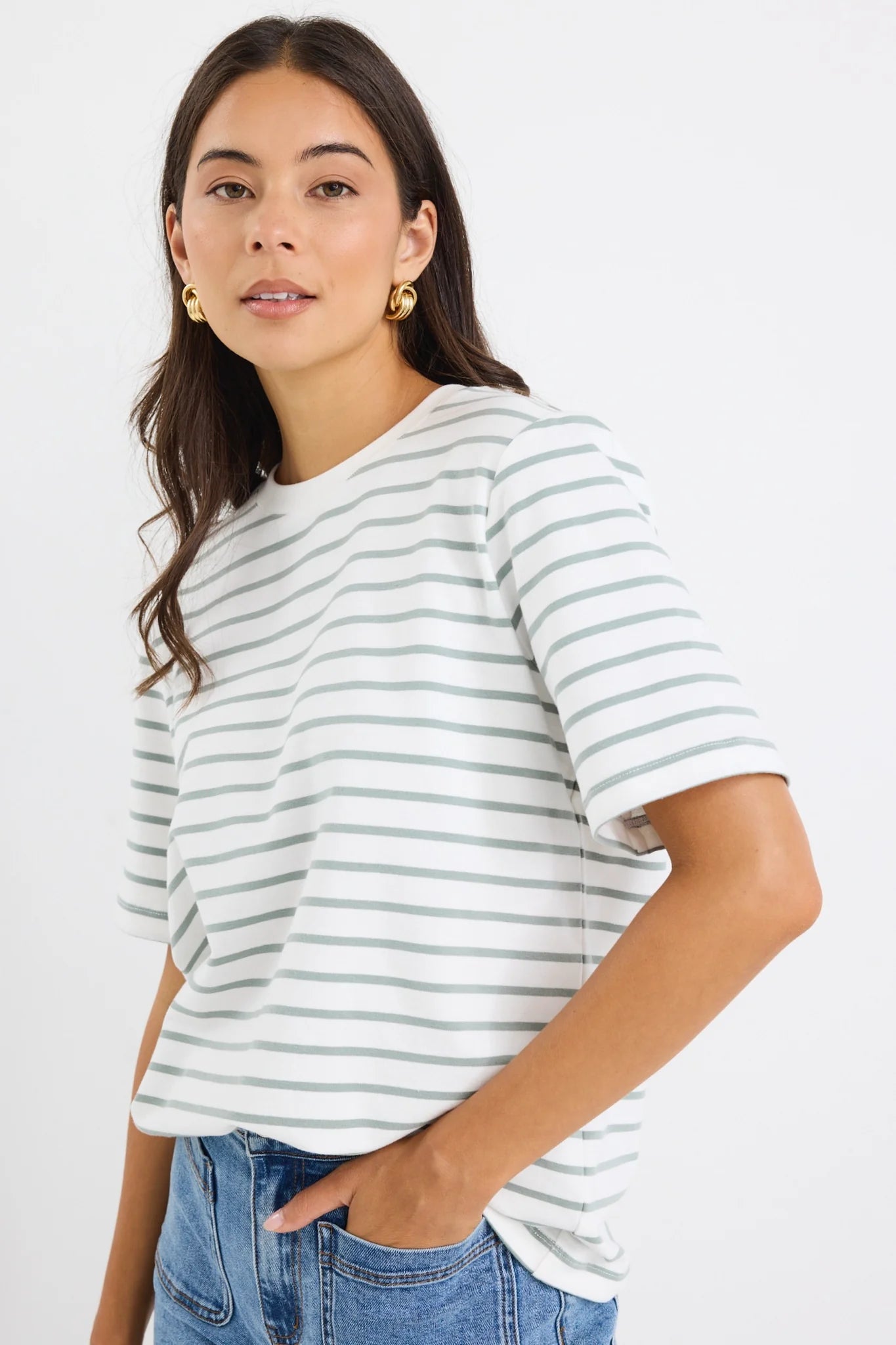 Binding Tee - White/Khaki Stripe