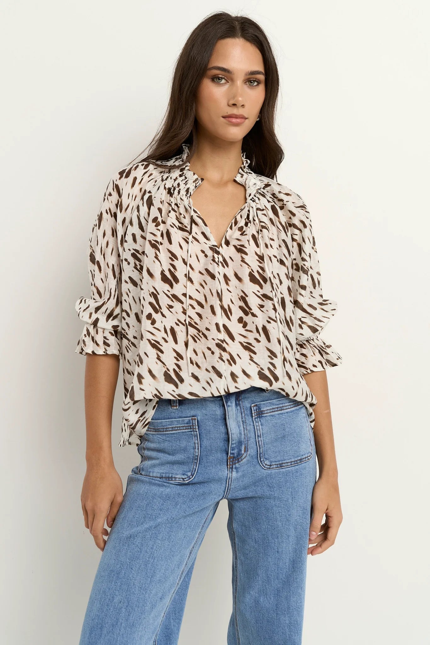 Certainty Shirred Neck Top - White Chocolate Animal