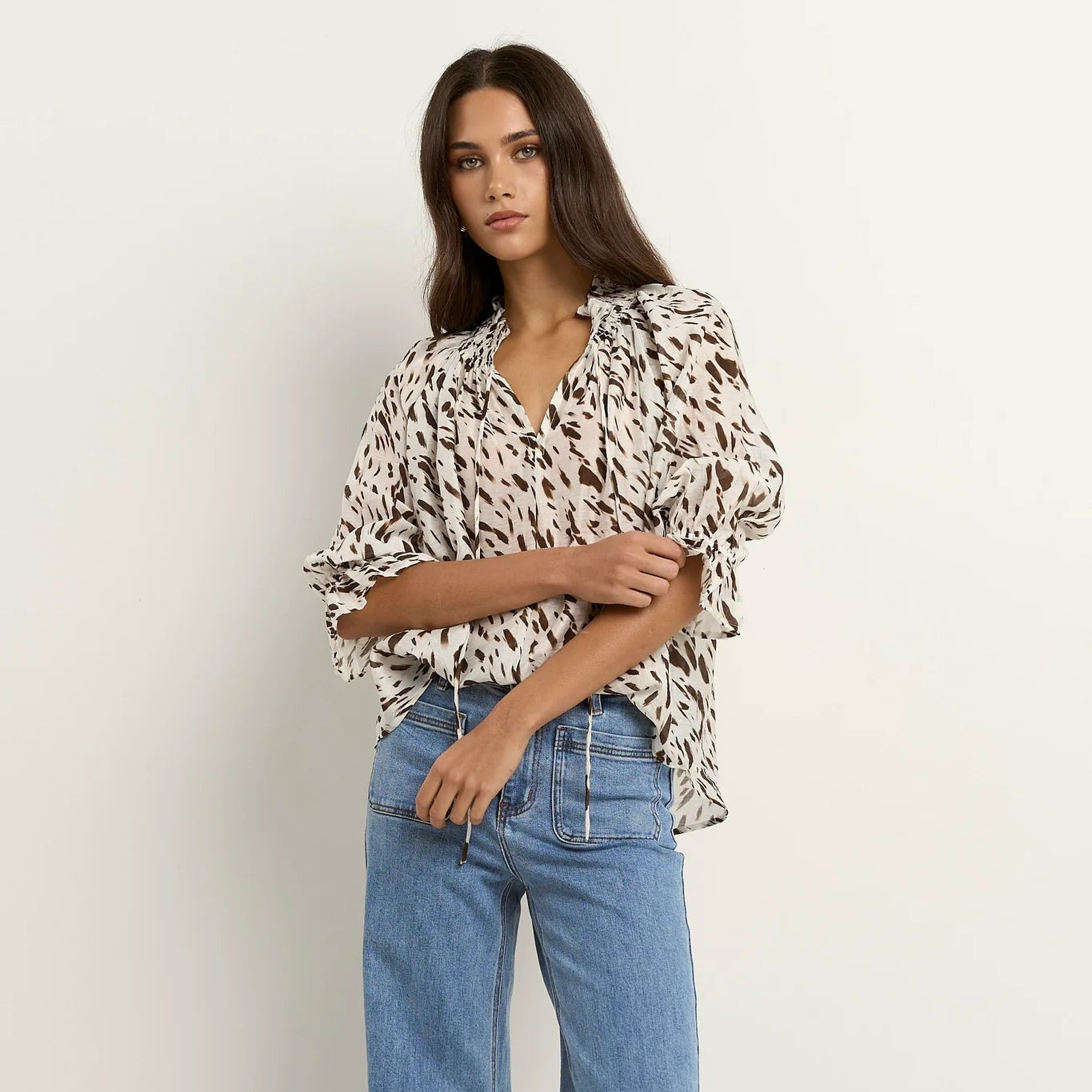 Certainty Shirred Neck Top - White Chocolate Animal