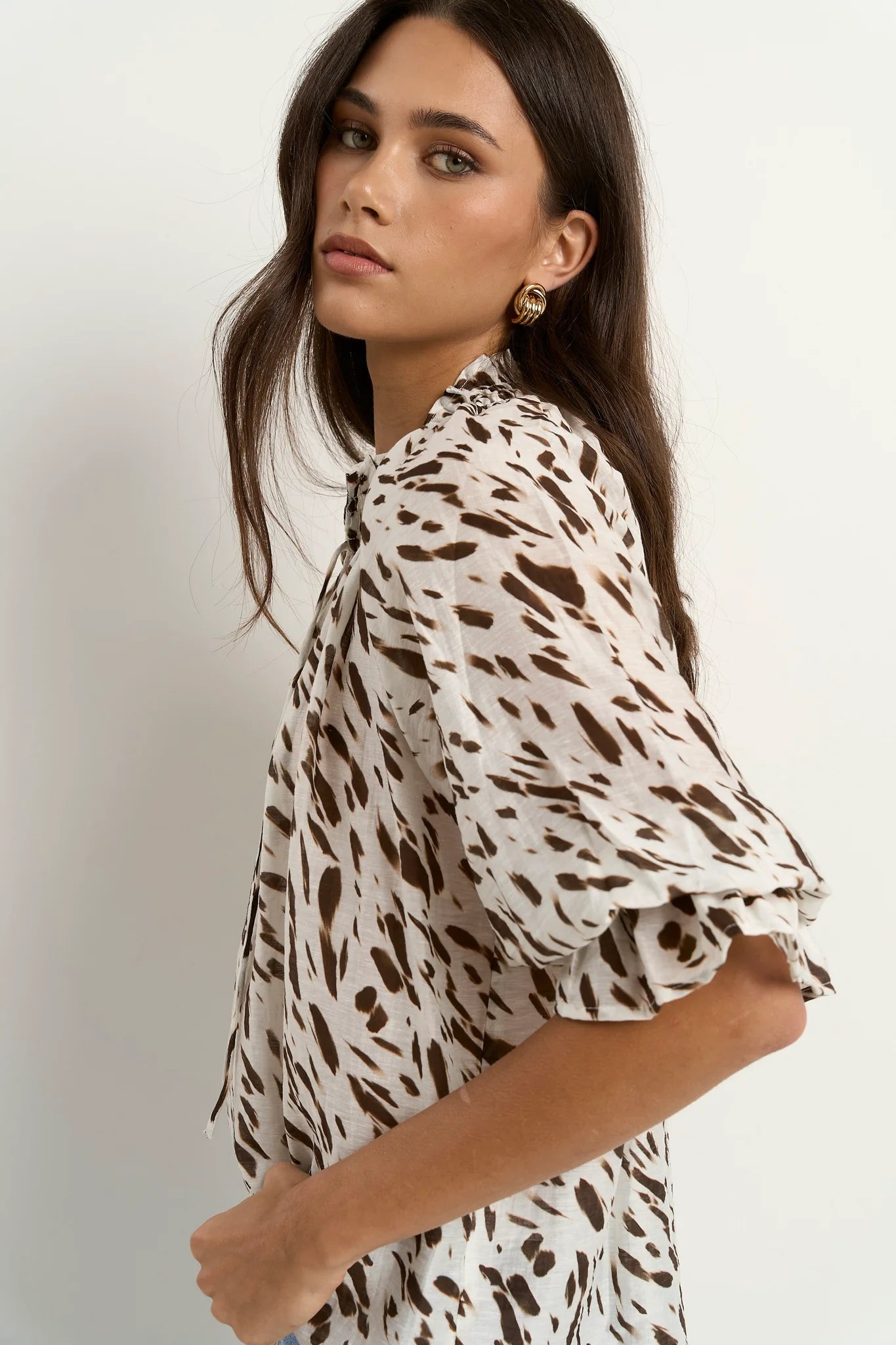 Certainty Shirred Neck Top - White Chocolate Animal