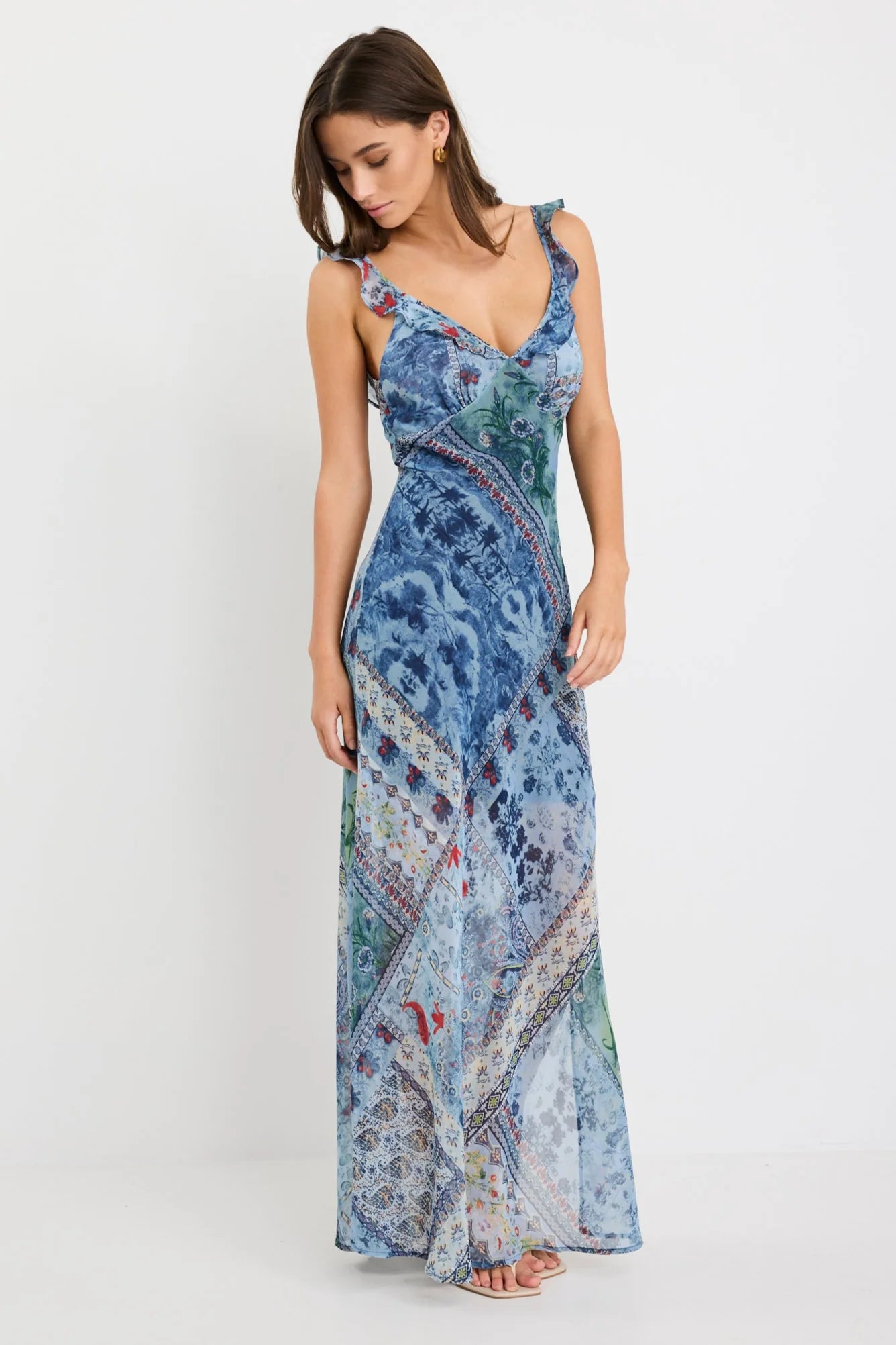 Delightful Bias Slip Maxi Dress - Blue Scarf Print