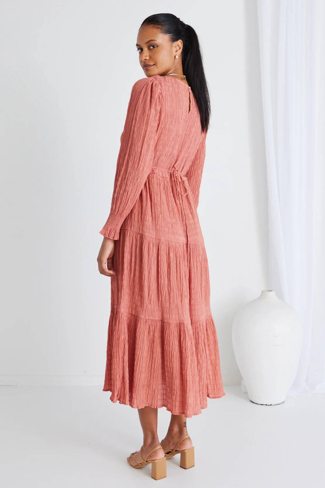 Effortless Long Sleeved Shirred Tiered Maxi Dress - Clay
