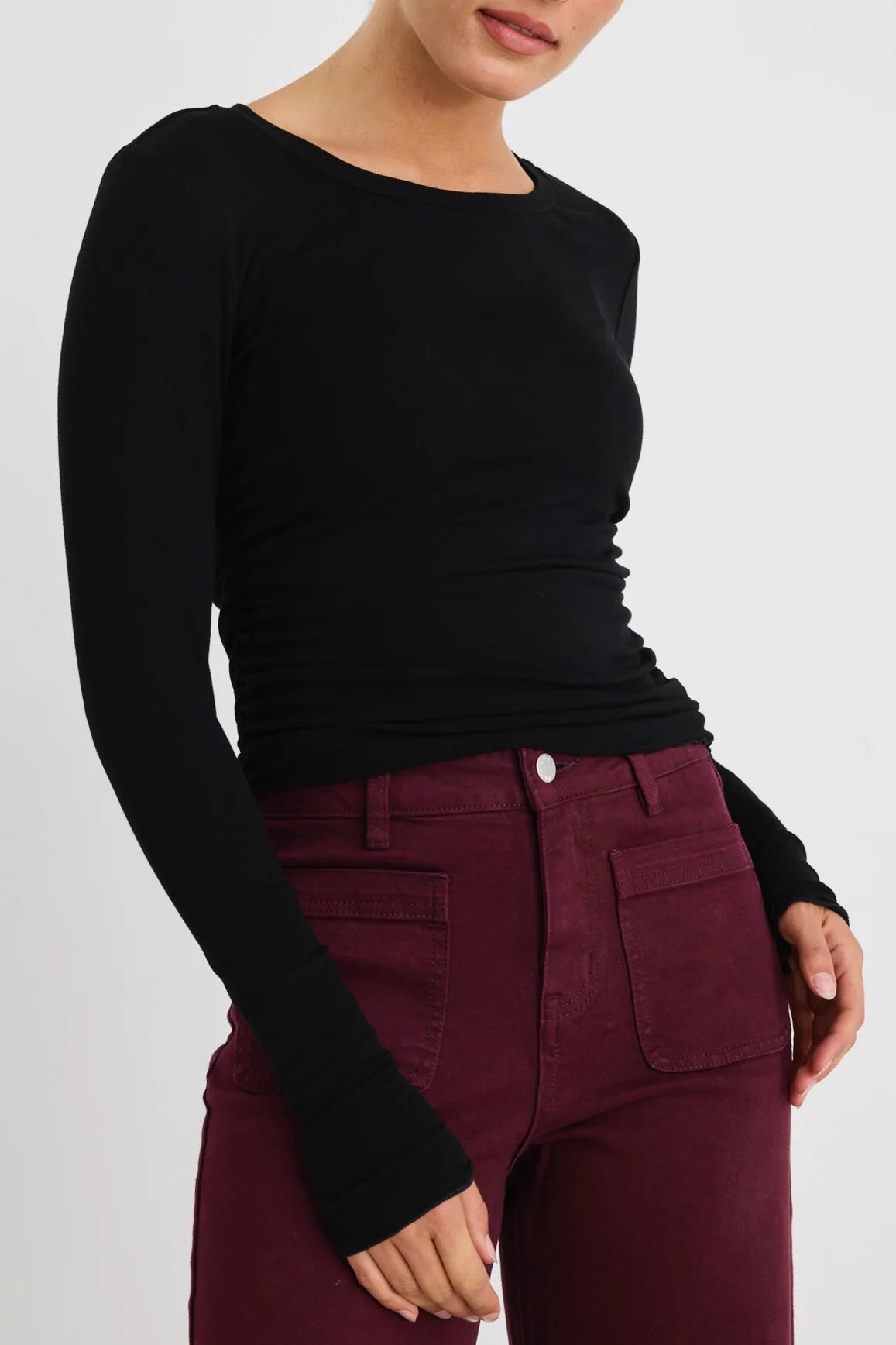 Muster Stretch Rouched Side Crew Top - Black