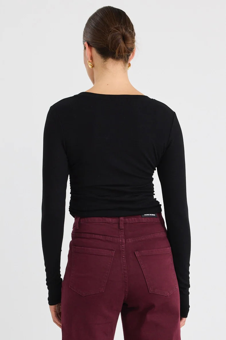 Muster Stretch Rouched Side Crew Top - Black