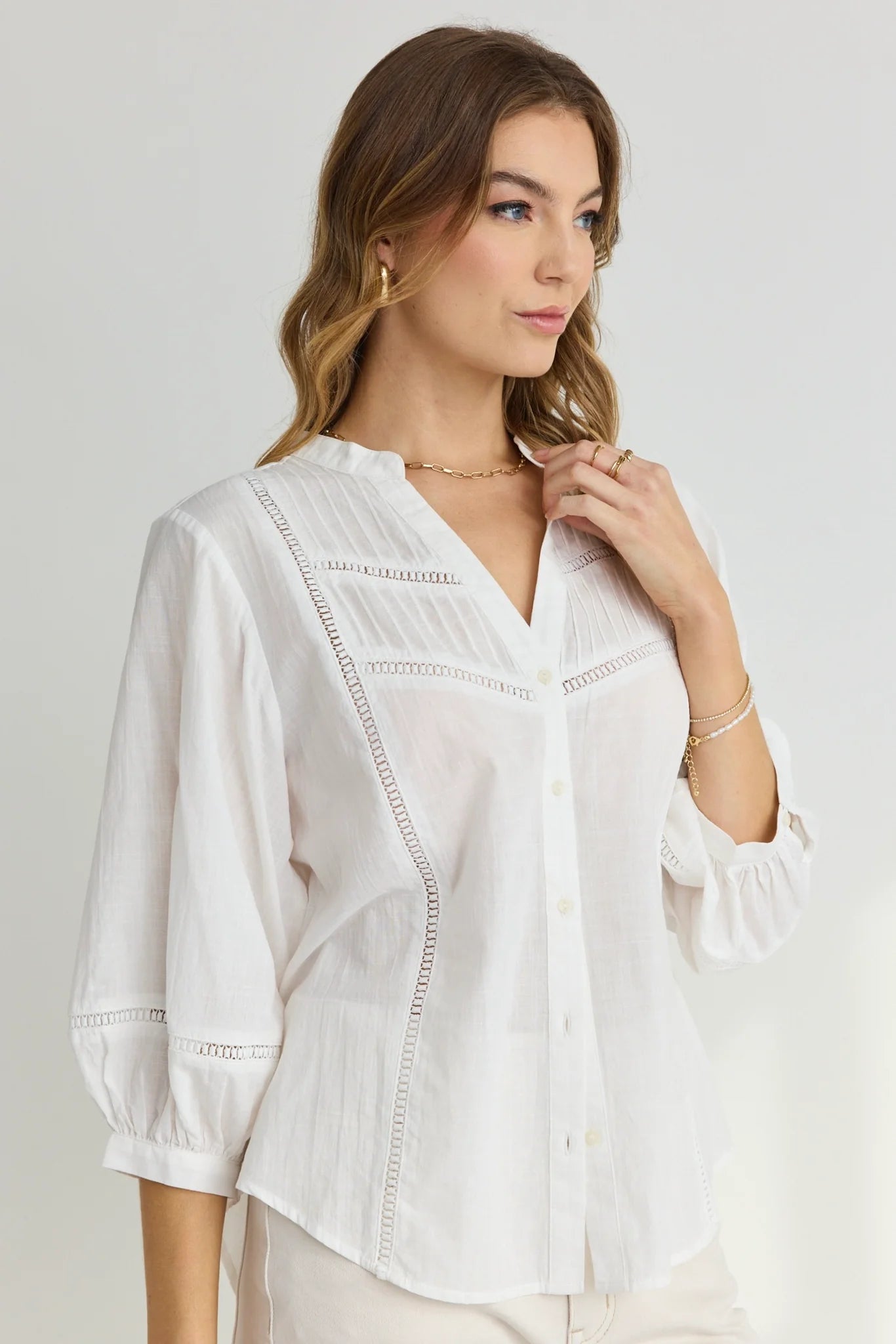 Ornamental Lace Insert Pintuck Shirt - White