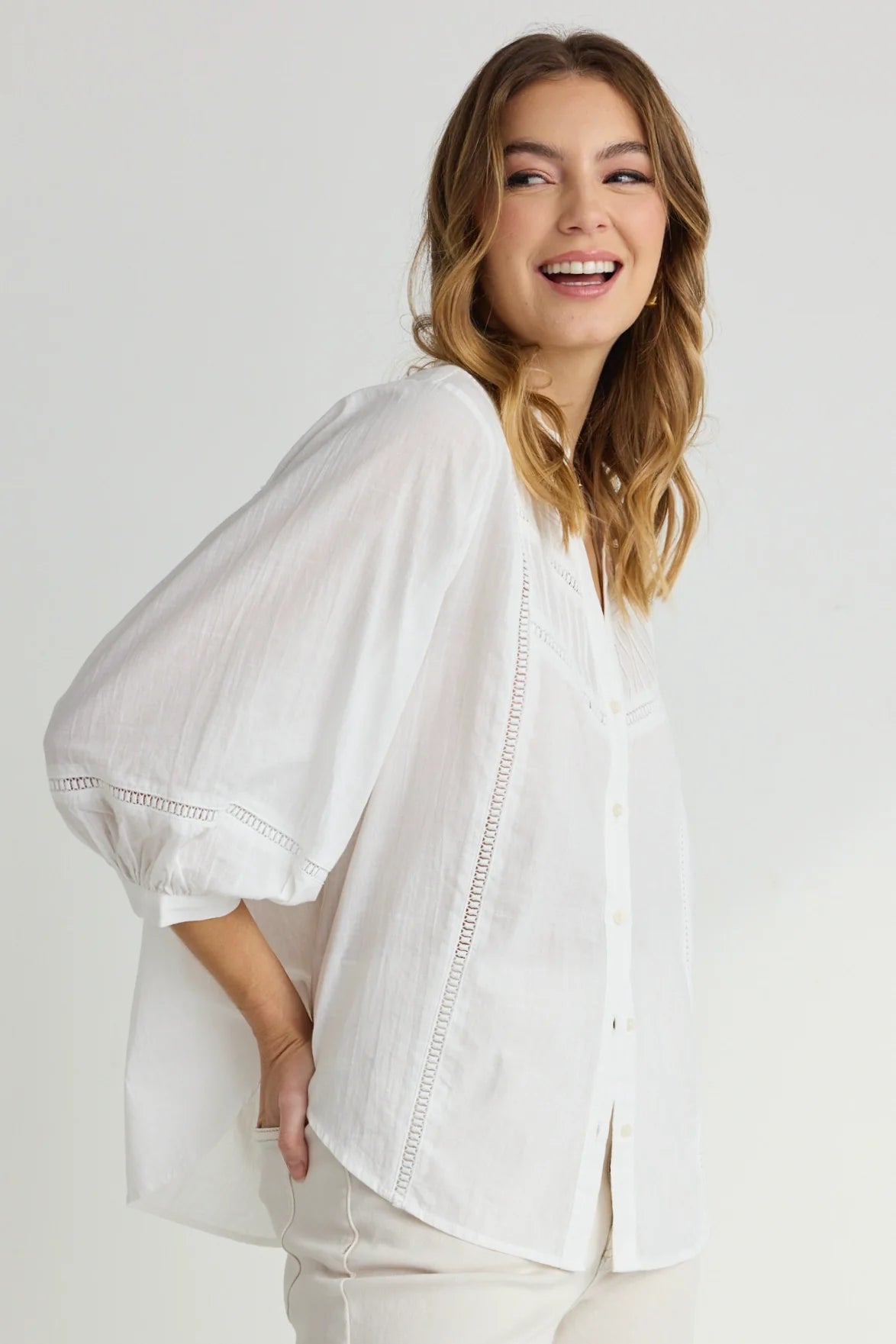 Ornamental Lace Insert Pintuck Shirt - White