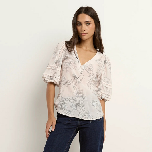 Recall Pleat Sleeve Blouse - Ivory Floral