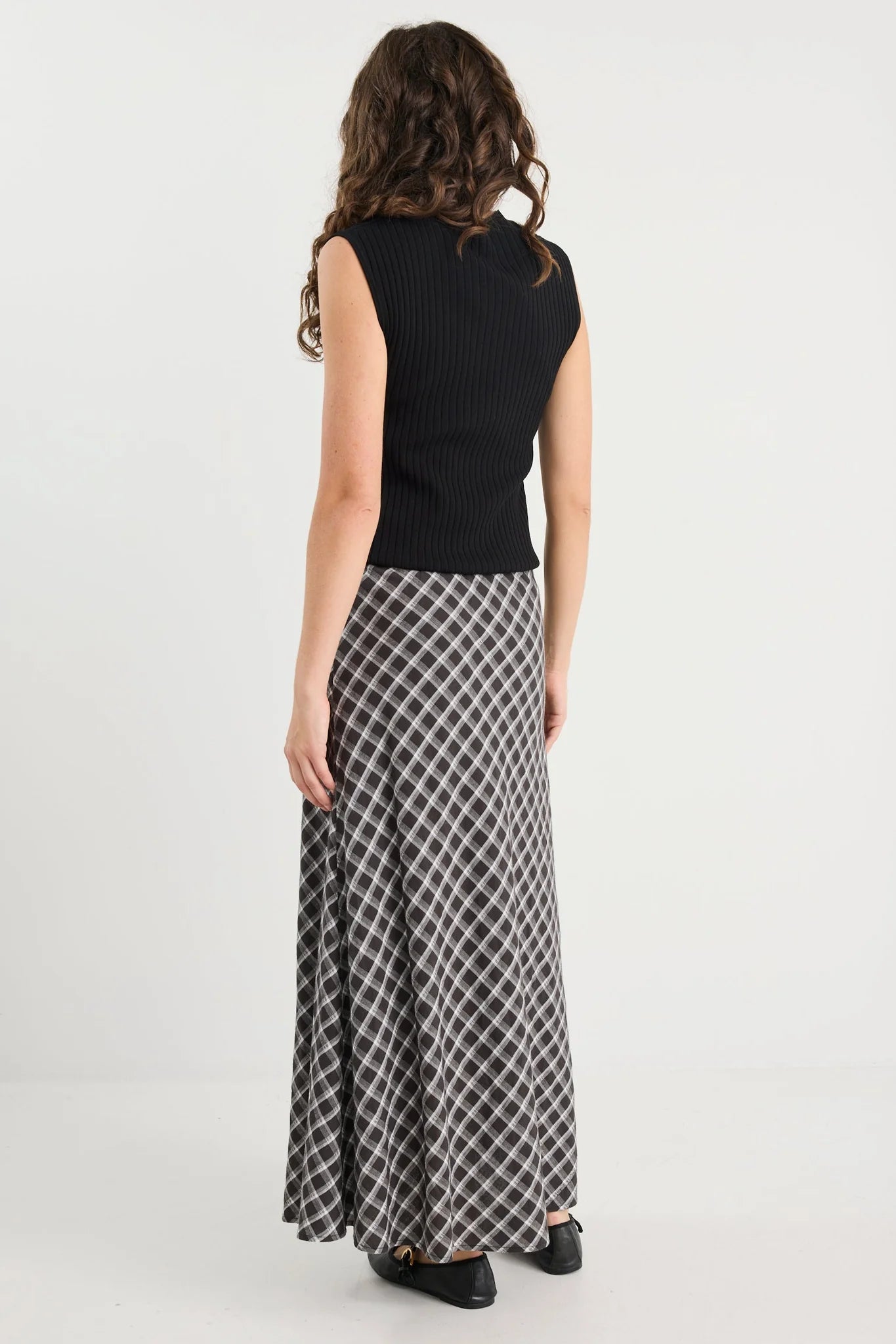 Soulmate Bias Cut Midi Skirt - Black White Check