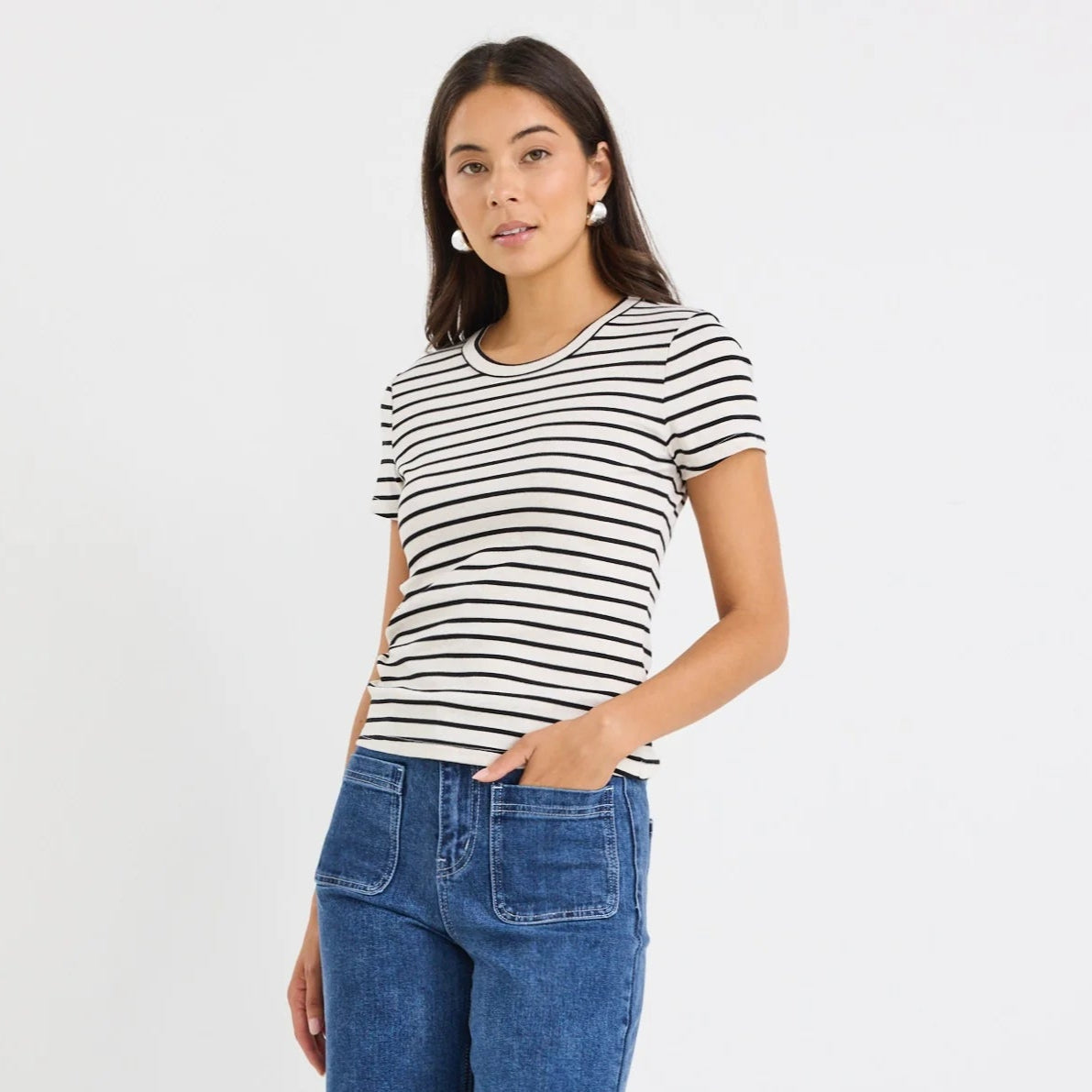 Study Stripe Rib Longer Baby Tee - Black Ecru