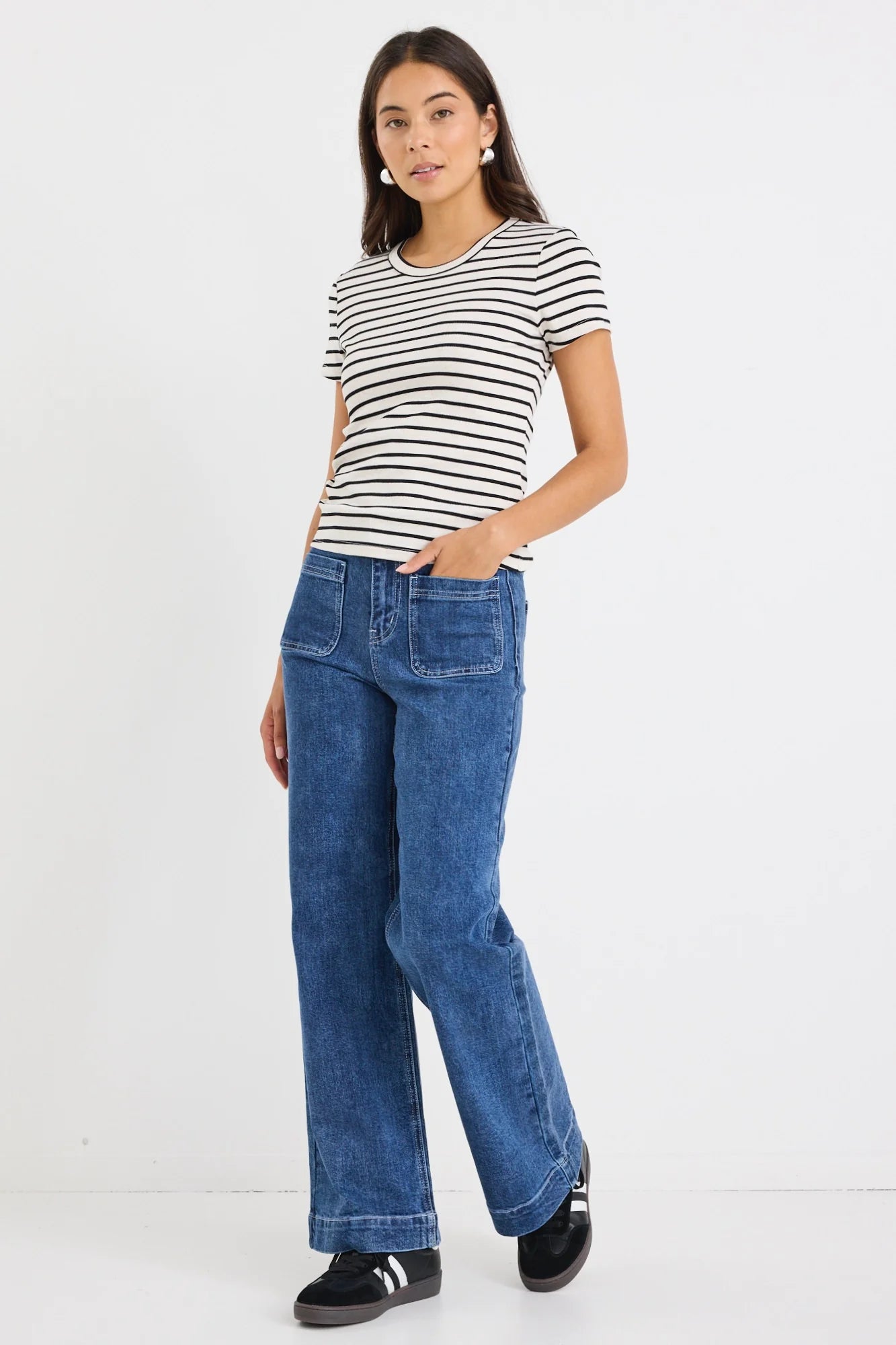 Study Stripe Rib Longer Baby Tee - Black Ecru