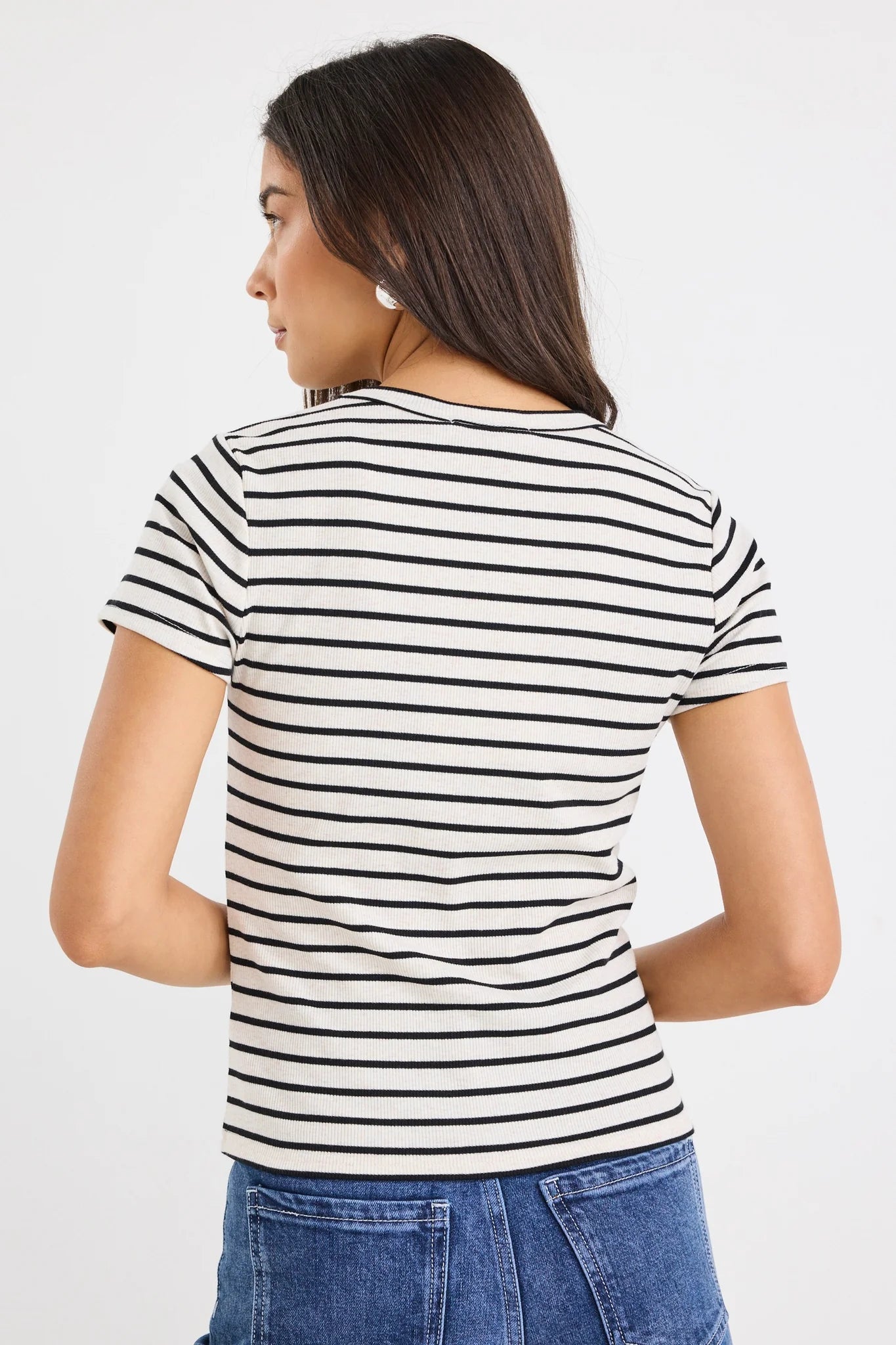 Study Stripe Rib Longer Baby Tee - Black Ecru
