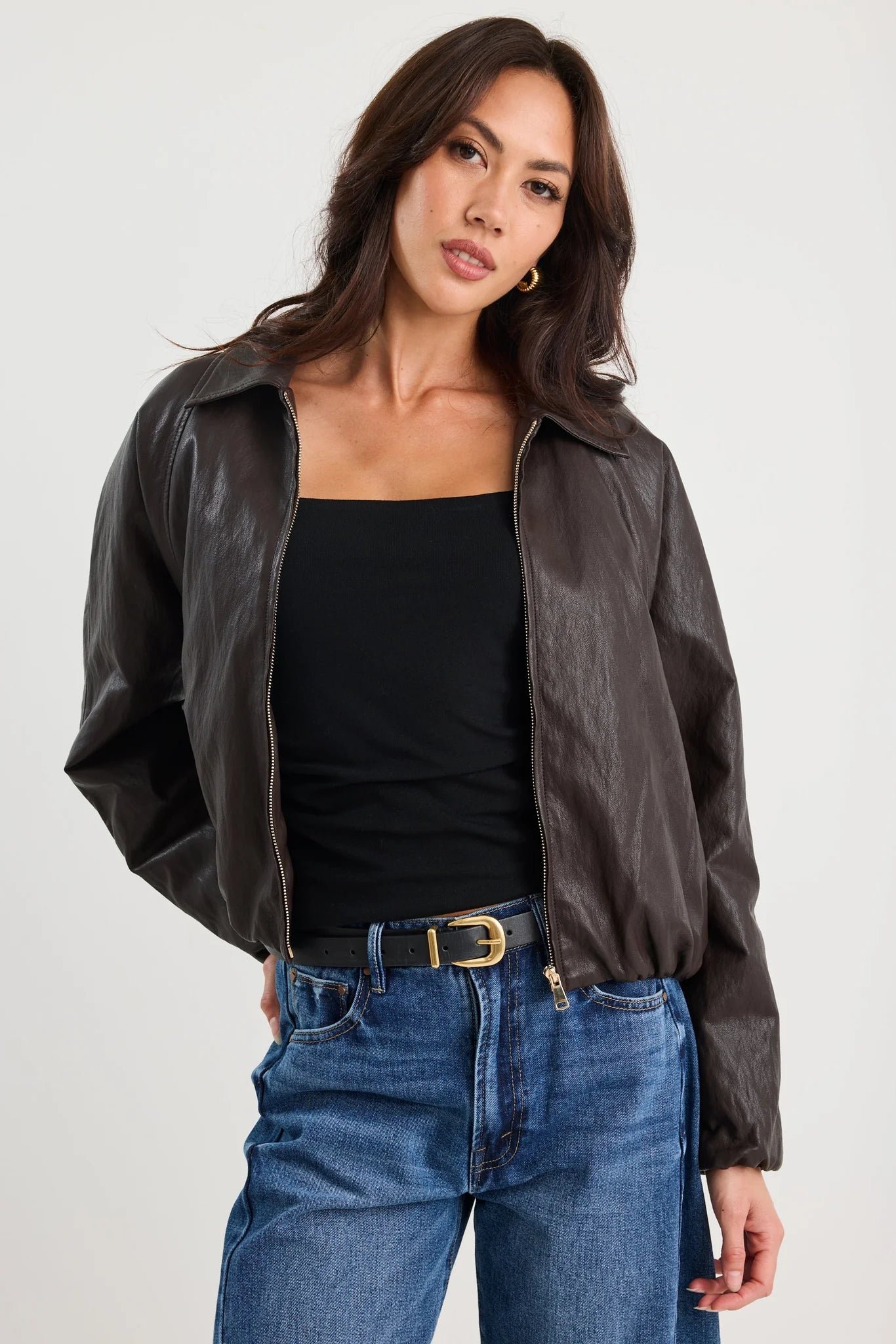 Troupe PU Leather Bubble Hem Jacket - Chocolate