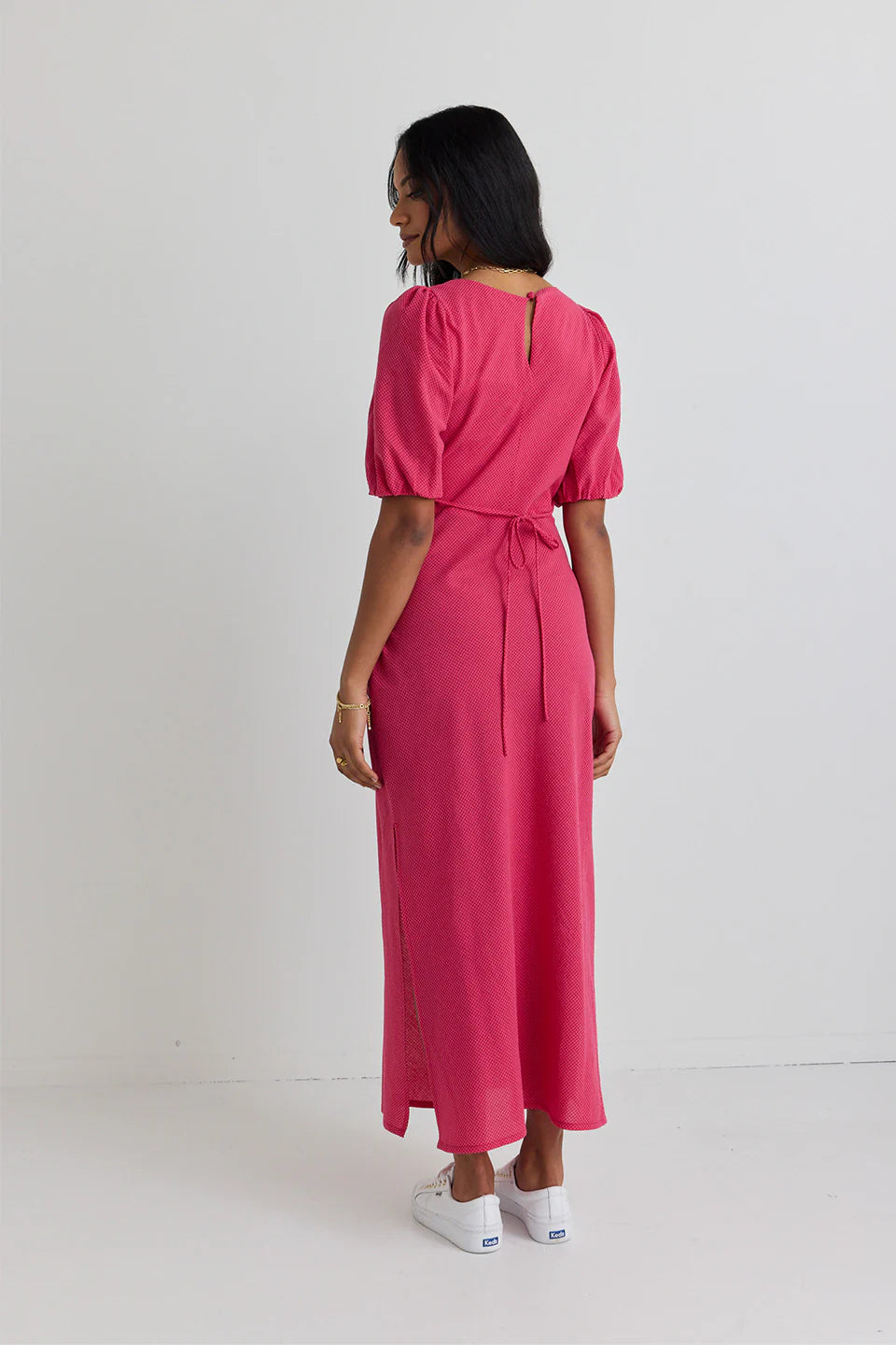 Amora Short Sleeve Bias Midi Dress - Raspberry Ditsy Gingham