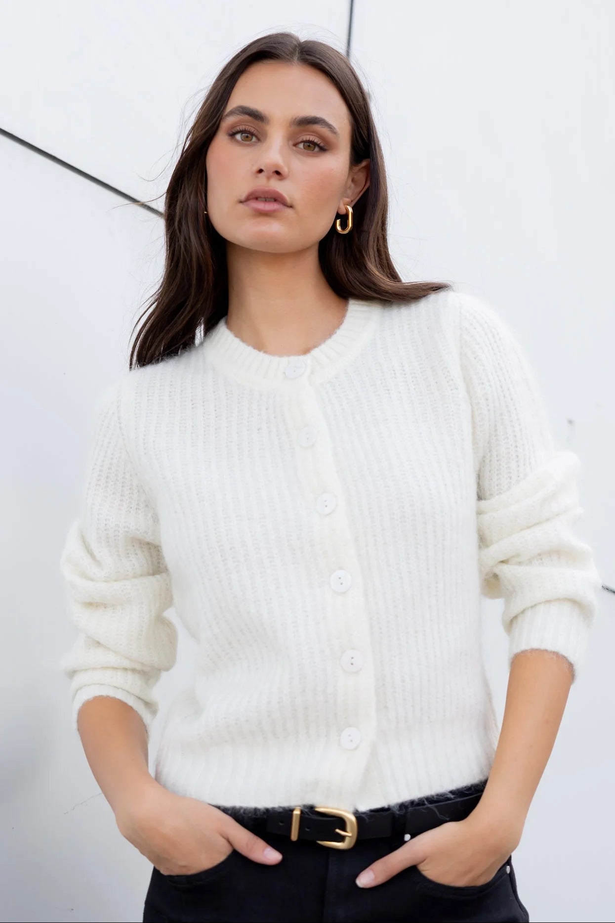 Highlight Mohair Blend Crewneck Cardigan - Ivory