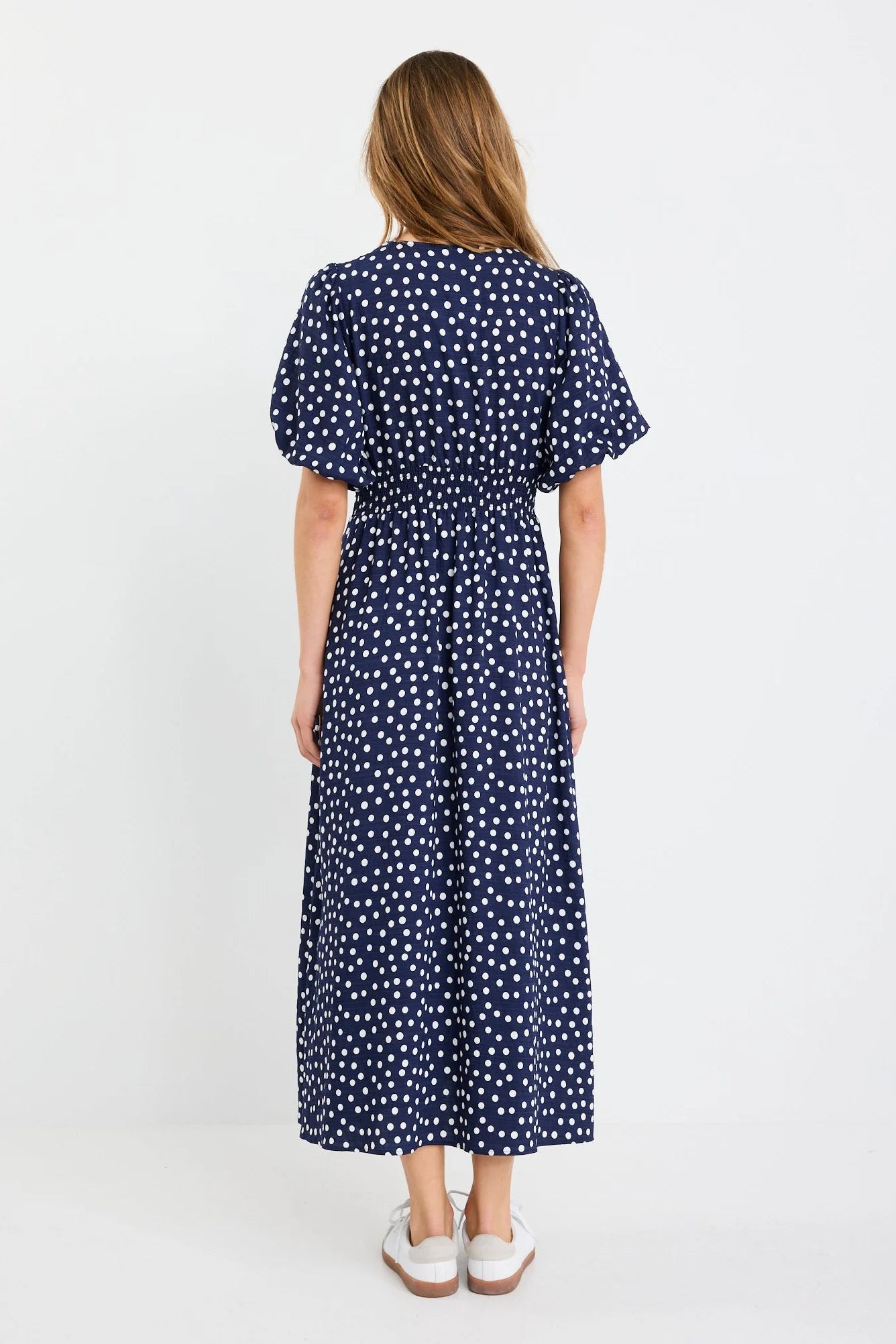 Lisbon Puff Sleeve Midi Dress - Navy Polka Dot