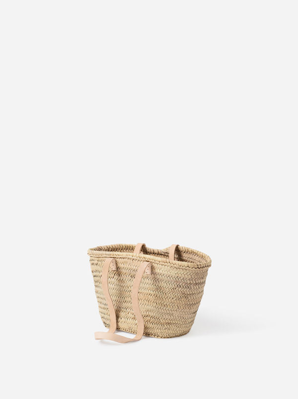 Small Moroccan Basket With Long Leather Handles - Natural