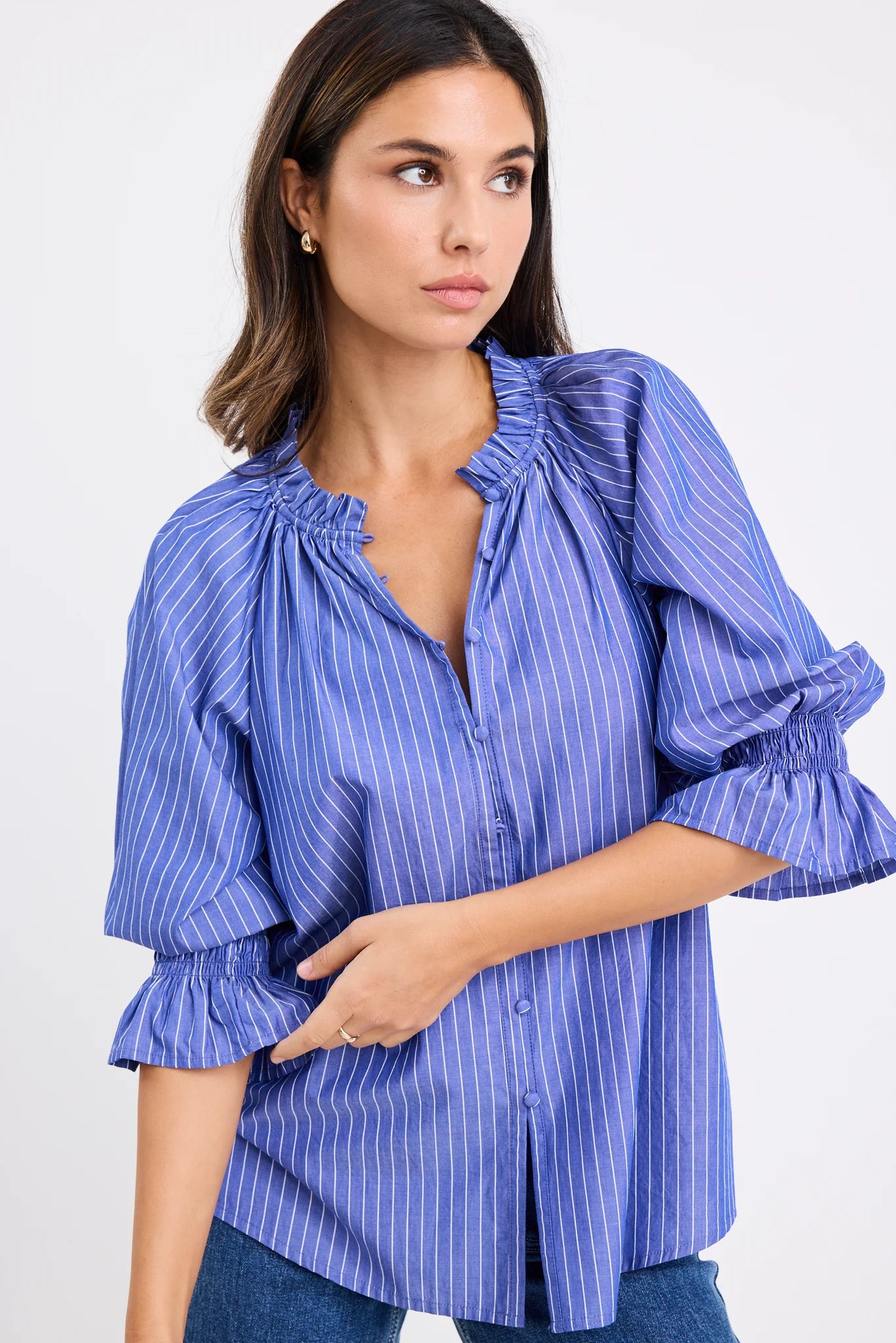 Noetic Short Sleeve Blouse - Dark Blue Stripe