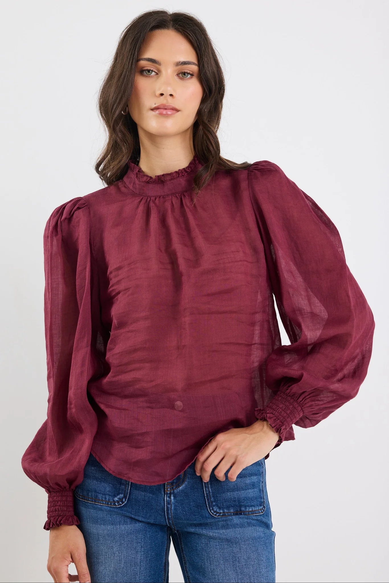 Poet Sheer High Neck Top - Burgundy Plum