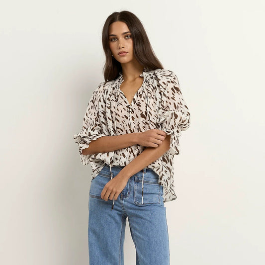 Certainty Shirred Neck Top - White Chocolate Animal