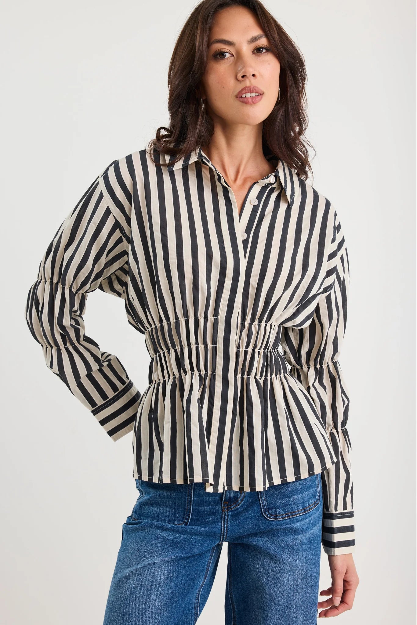 Composite Shirred Body Shirt - Black Bone Stripe