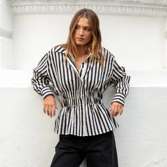 Composite Shirred Body Shirt - Black Bone Stripe