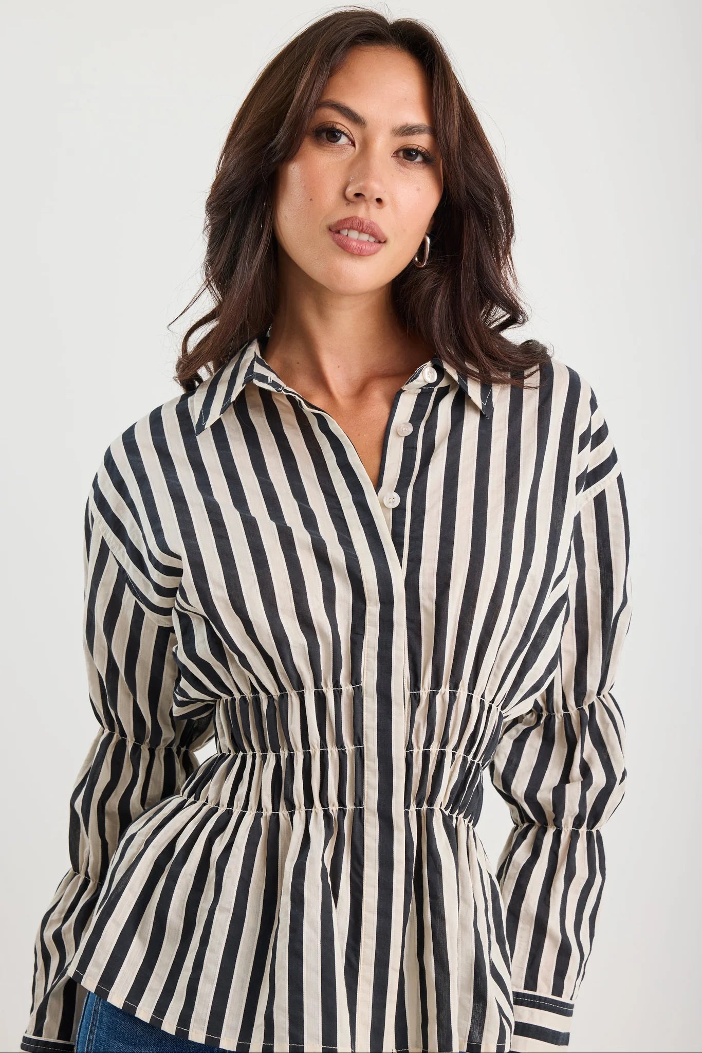 Composite Shirred Body Shirt - Black Bone Stripe