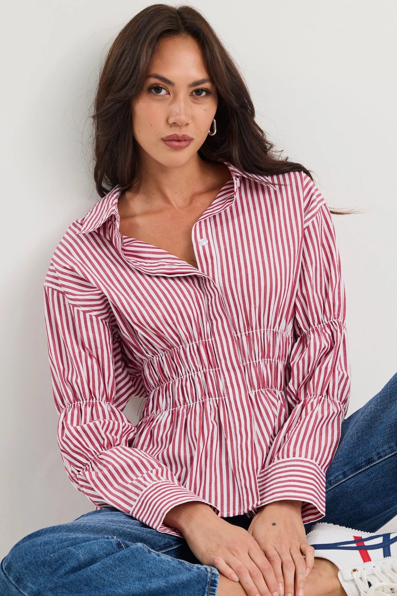 Composite Shirred Body Shirt - Burgundy Plum Stripe