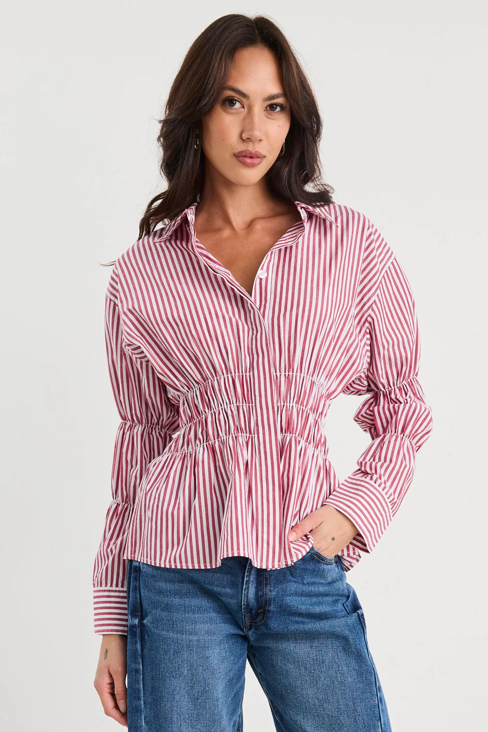 Composite Shirred Body Shirt - Burgundy Plum Stripe