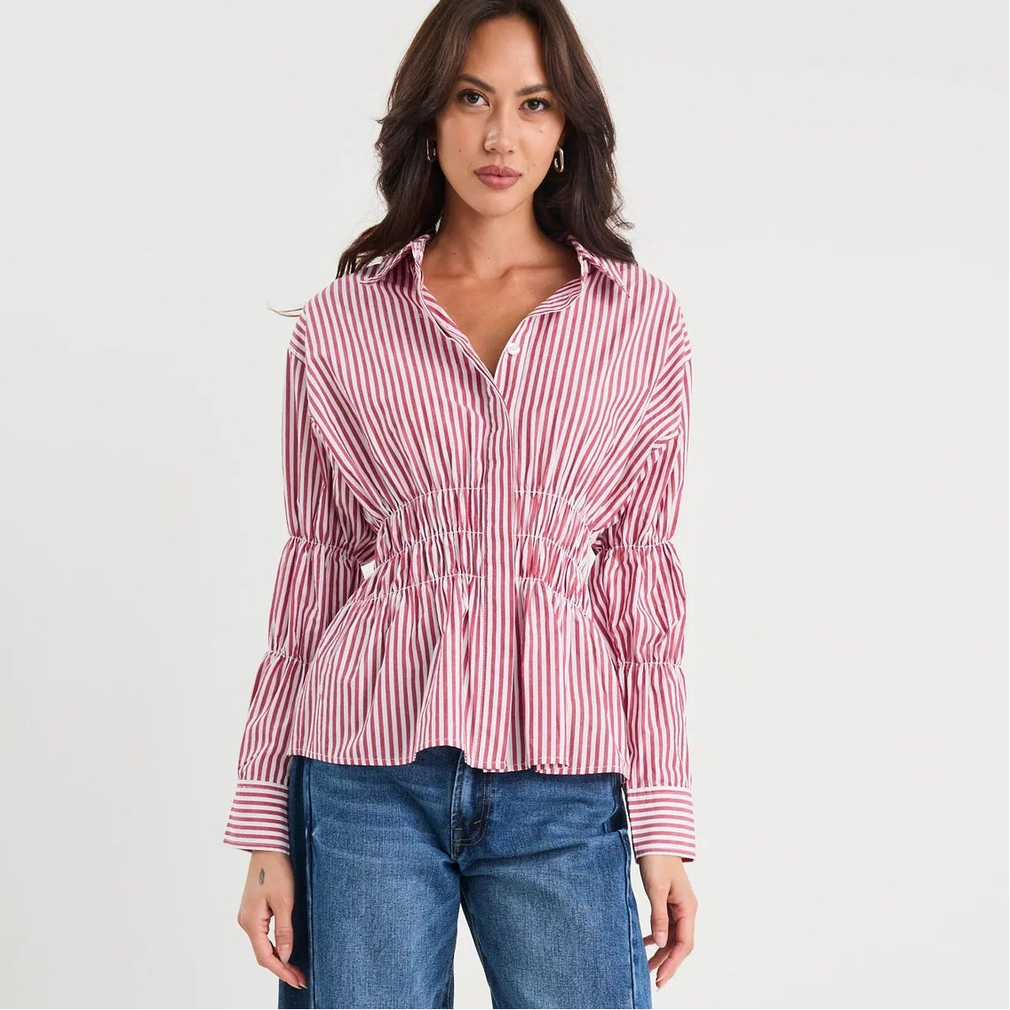 Composite Shirred Body Shirt - Burgundy Plum Stripe