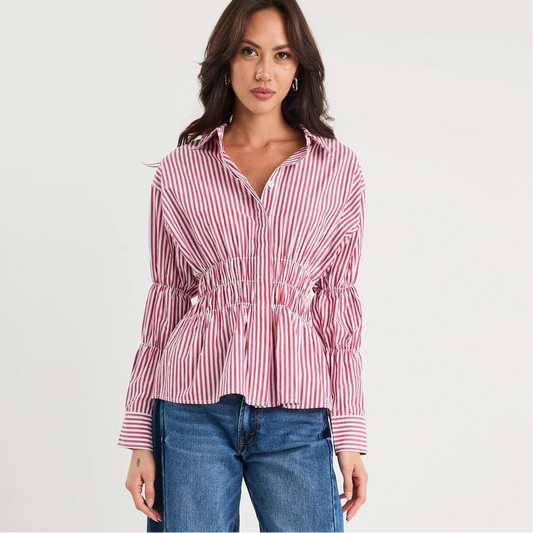 Composite Shirred Body Shirt - Burgundy Plum Stripe
