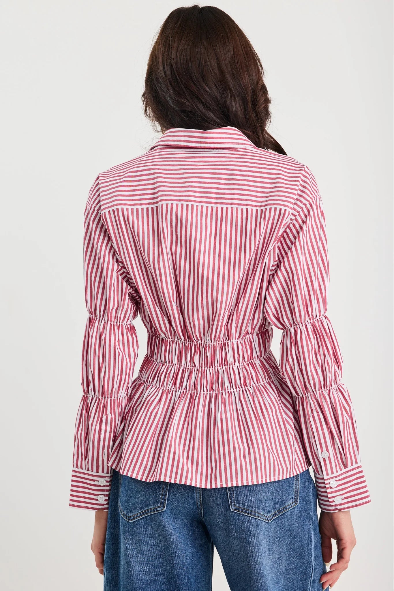 Composite Shirred Body Shirt - Burgundy Plum Stripe