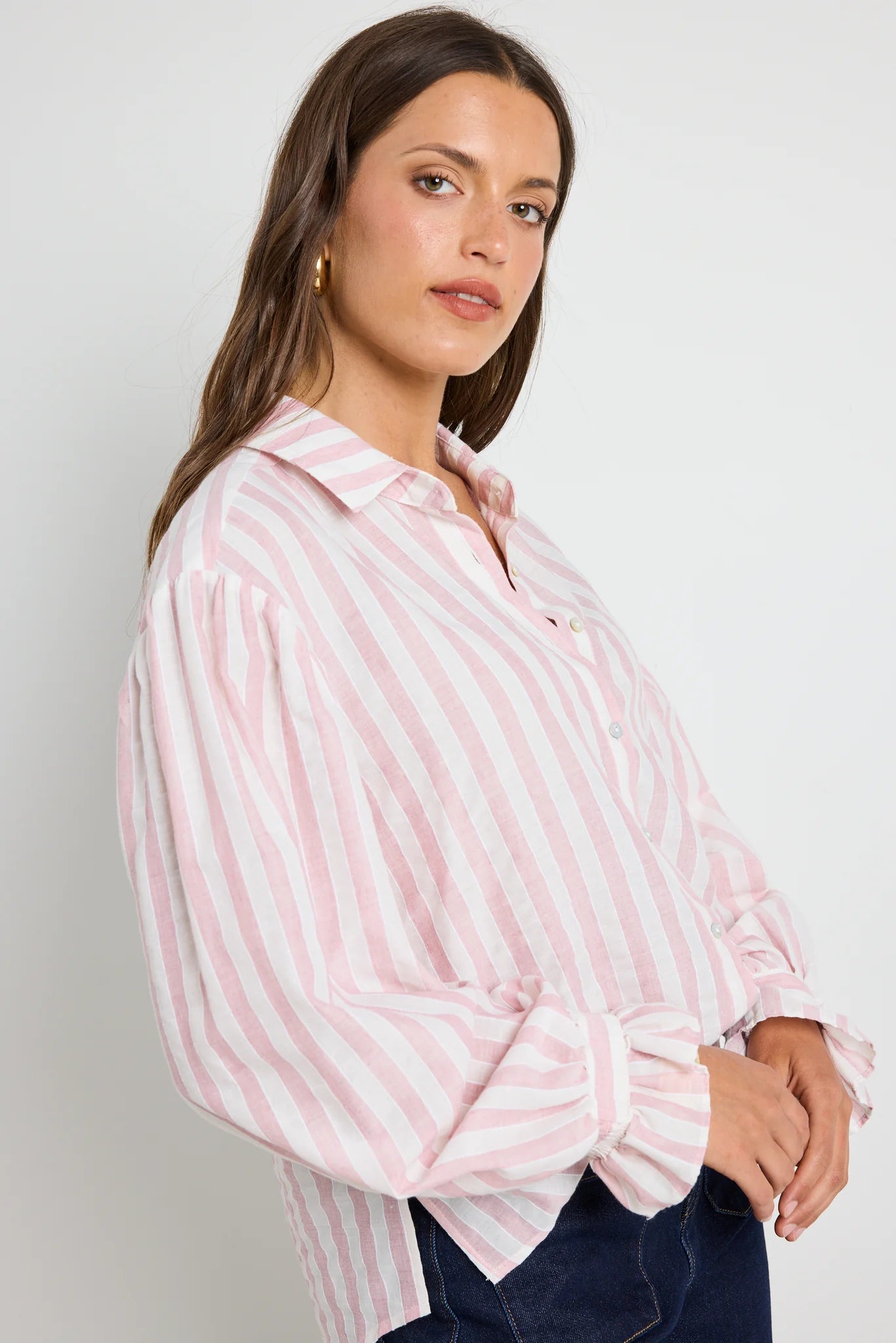 Connection Button Front Blouse - Pink Stripe