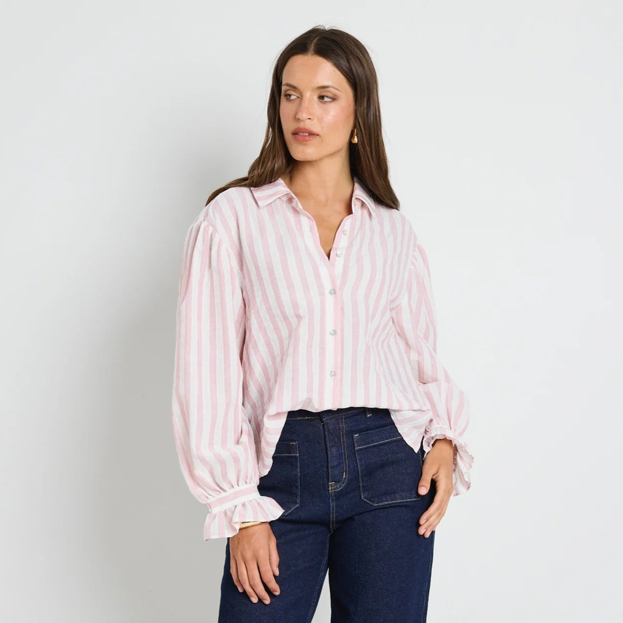 Connection Button Front Blouse - Pink Stripe