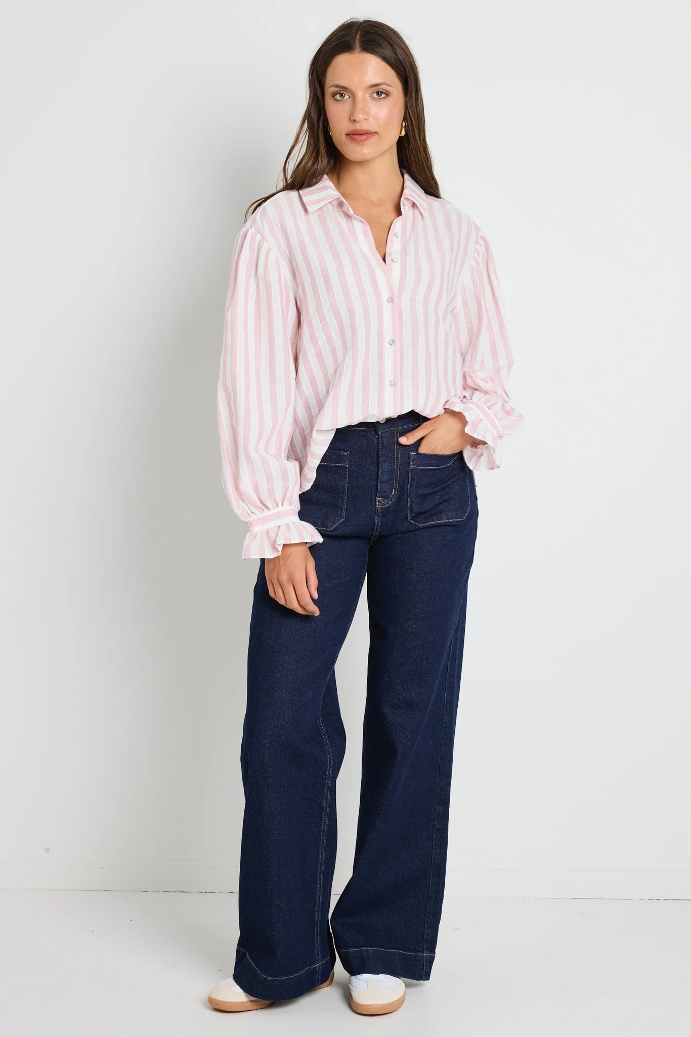 Connection Button Front Blouse - Pink Stripe