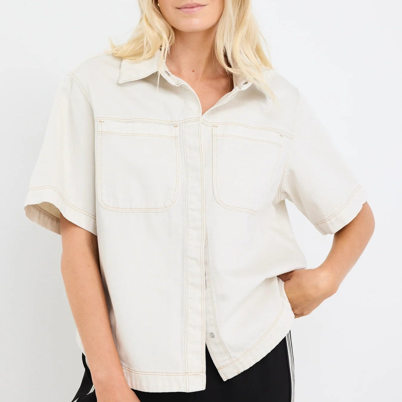 Crucial Denim Short Sleeve Shacket - Ecru