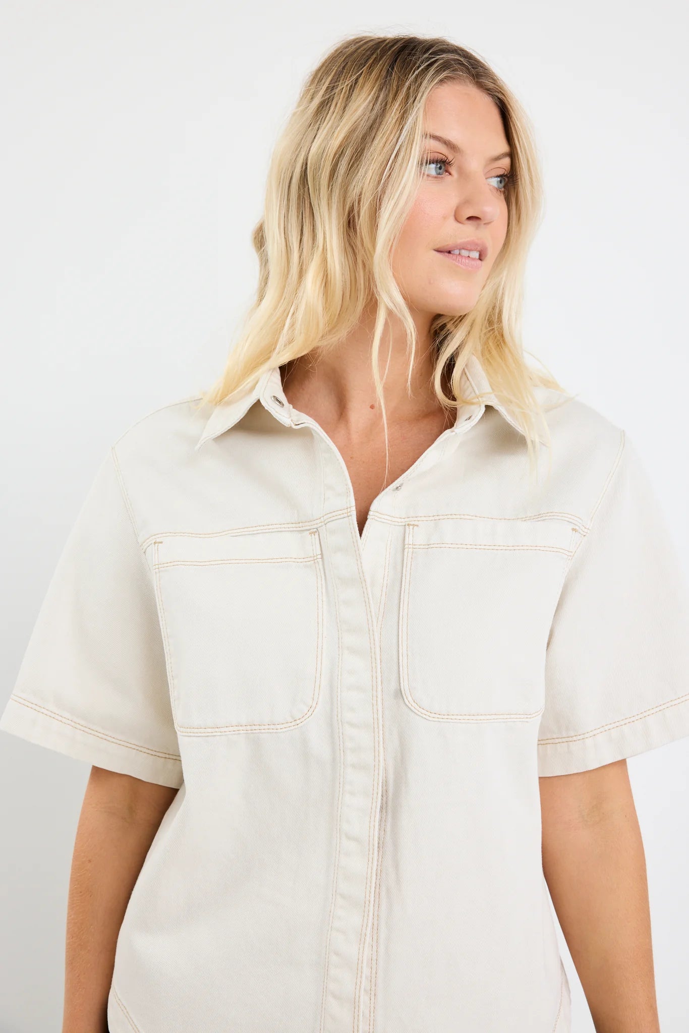 Crucial Denim Short Sleeve Shacket - Ecru