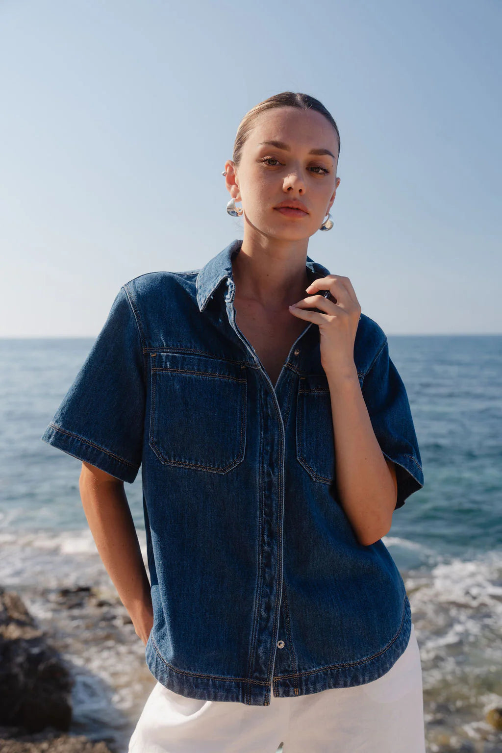 Crucial Denim Short Sleeve Shacket - Storm Blue