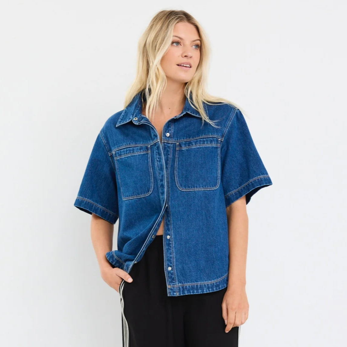 Ruby Flo Crucial Denim Short Sleeve Shacket - Storm Blue – Ruby Six