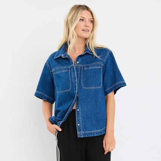 Crucial Denim Short Sleeve Shacket - Storm Blue
