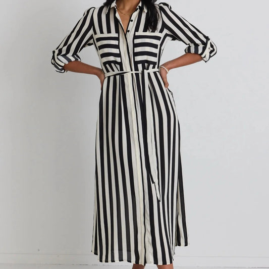 Cyprus Long Sleeve Shirt Midi Dress - Black and White Stripe