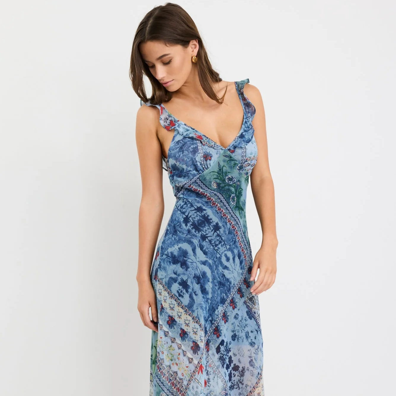 Delightful Bias Slip Maxi Dress - Blue Scarf Print