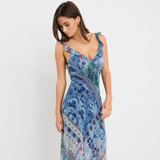 Delightful Bias Slip Maxi Dress - Blue Scarf Print
