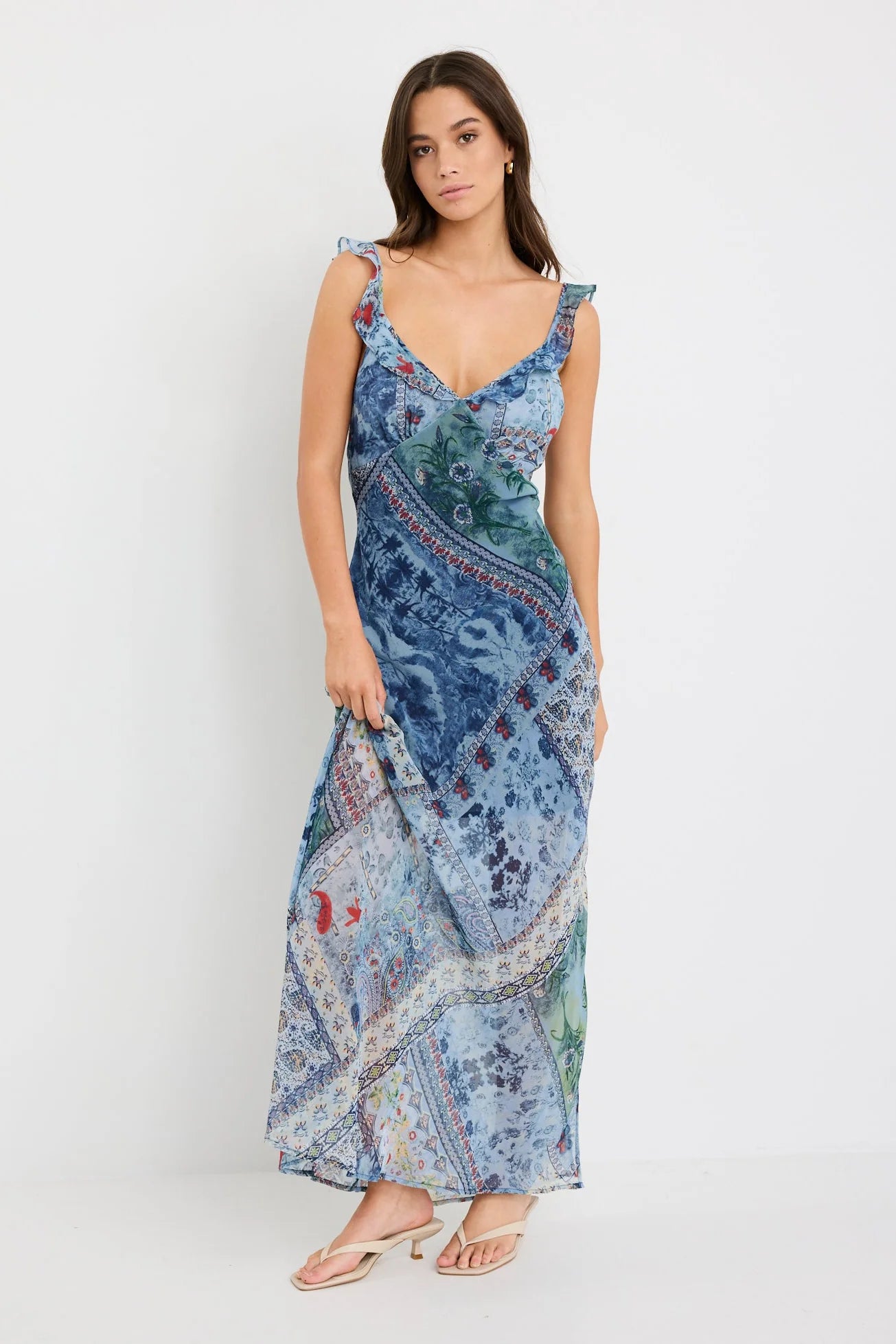 Delightful Bias Slip Maxi Dress - Blue Scarf Print