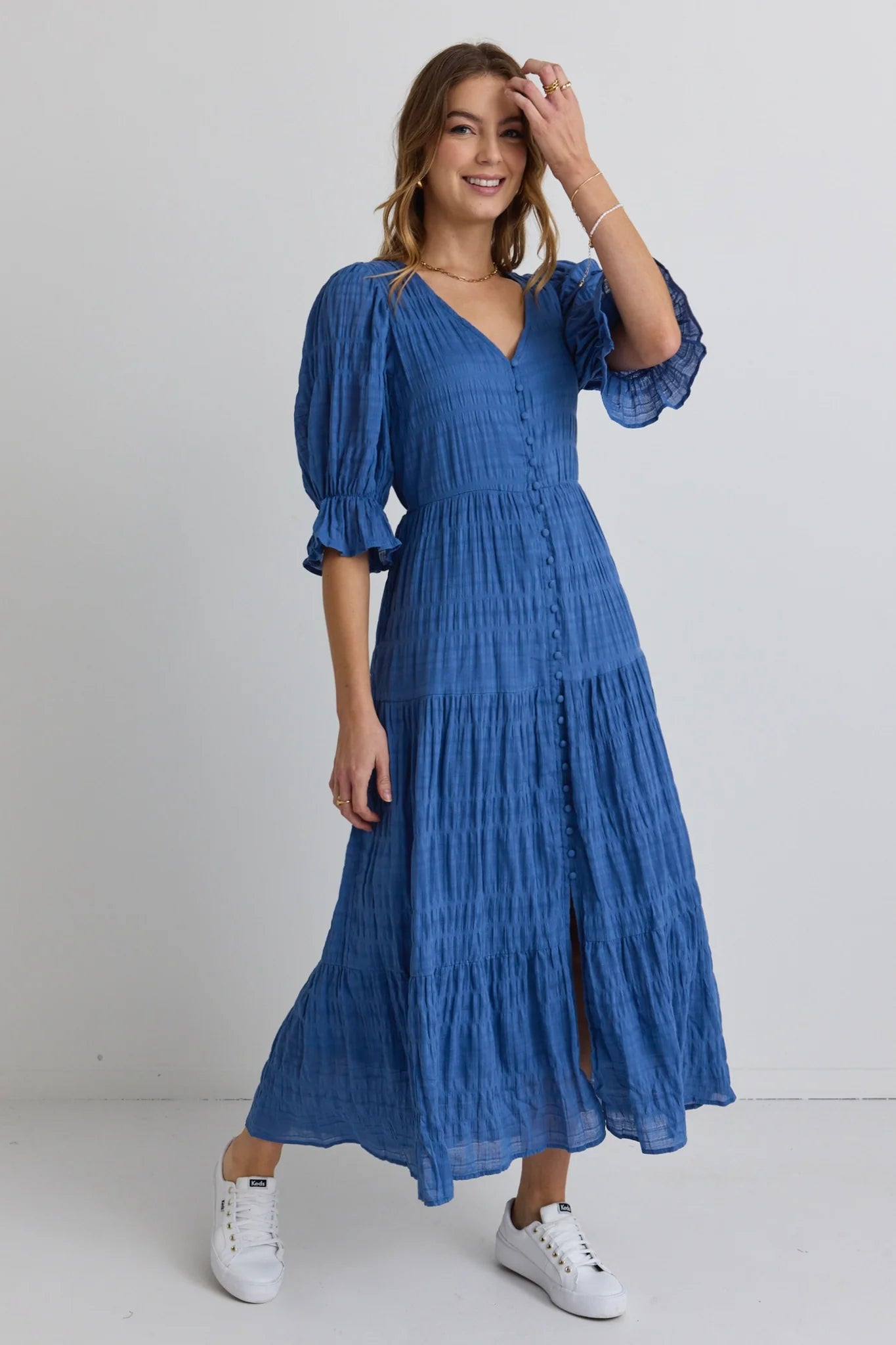 Dreamy Bubble Short Sleeve Button Front Tiered Maxi Dress - Steel Blue