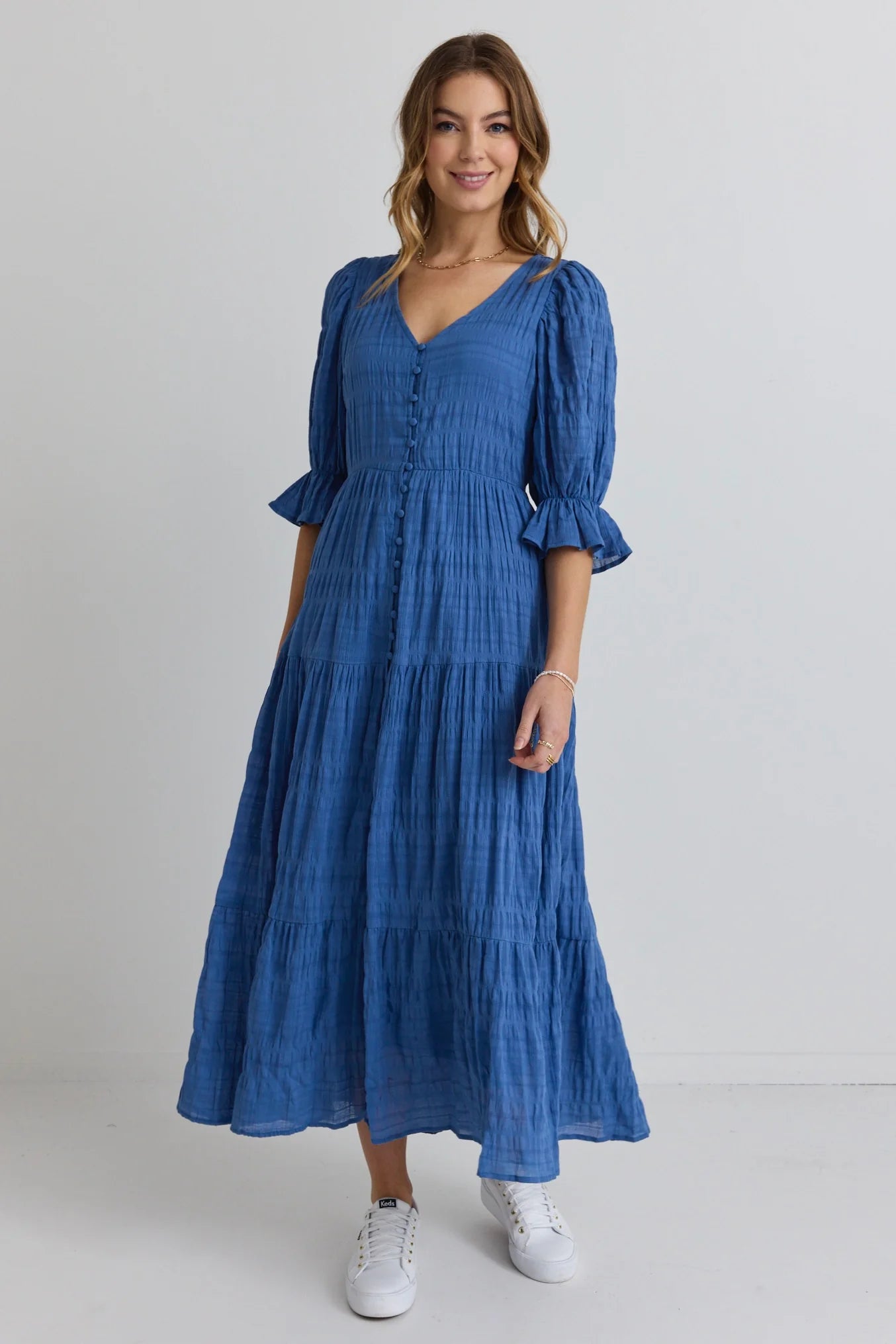 Dreamy Bubble Short Sleeve Button Front Tiered Maxi Dress - Steel Blue