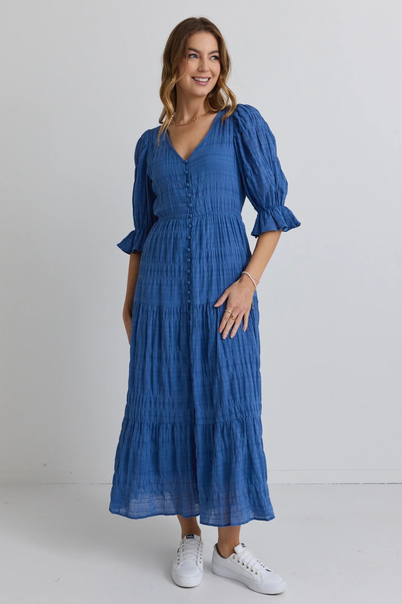 Dreamy Bubble Short Sleeve Button Front Tiered Maxi Dress - Steel Blue