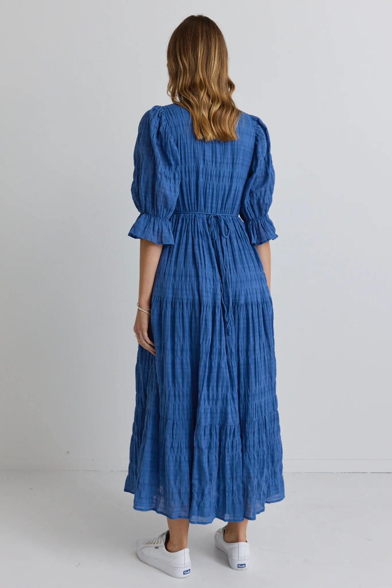 Dreamy Bubble Short Sleeve Button Front Tiered Maxi Dress - Steel Blue