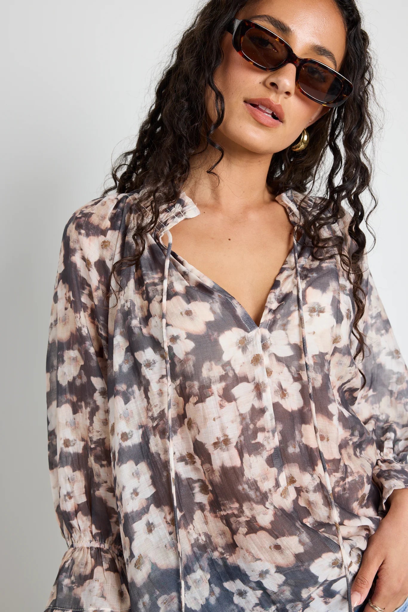 Expedition Charcoal Floral Shirred Neck SS Top - Charcoal Floral