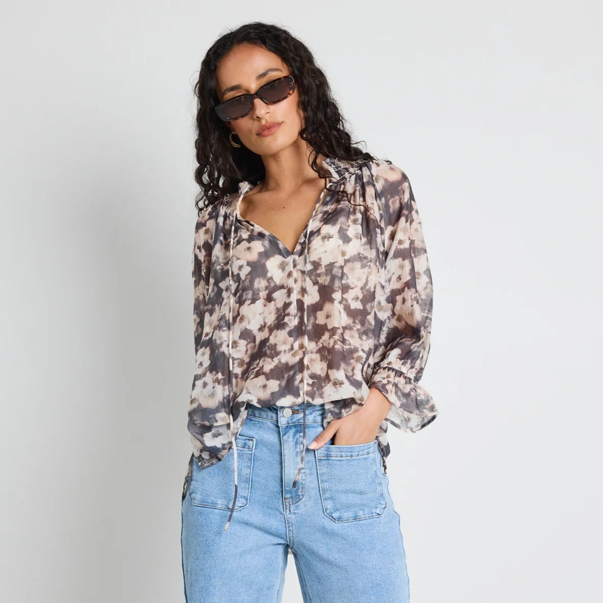 Expedition Charcoal Floral Shirred Neck SS Top - Charcoal Floral